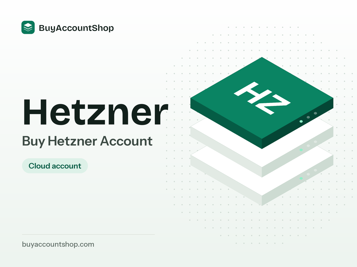 Buy Hetzner Account product visual with the Hetzner name and a layered cloud server illustration